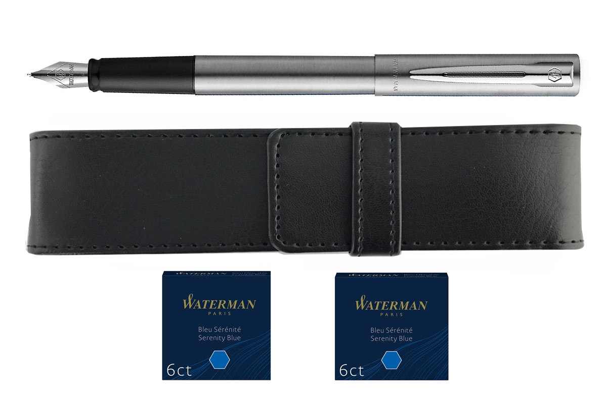 Waterman Allure Stainless Steel Fountain Pen + Pen Pouch + 2 boxes of Ink